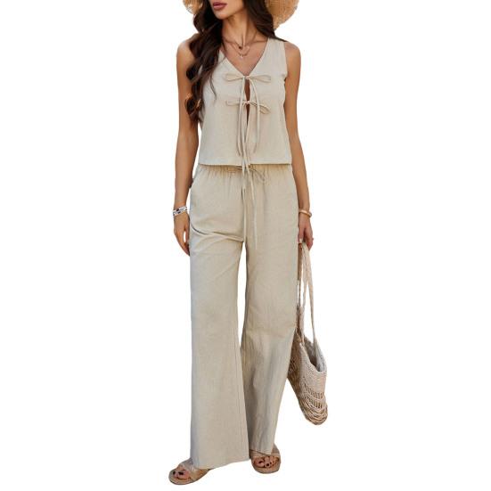 Женский летний комплект из 2 предметов Yousheng, жилет без рукавов с завязкой спереди, широкие брюки, повседневный костюм для отдыха дома, офиса, вечеринки