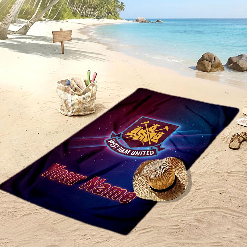 West Ham United FC Personalized Printed Beach Towel Soccer Logo Support Custom Name Text Absorbent Towel For Sport Travel Special Gift