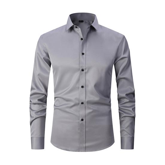 Men Spring Fall Dress Shirt Turn-down Collar Slim Fit Single-breasted Long Sleeves Pure Color Mid Length Young Formal Business Event Office Top