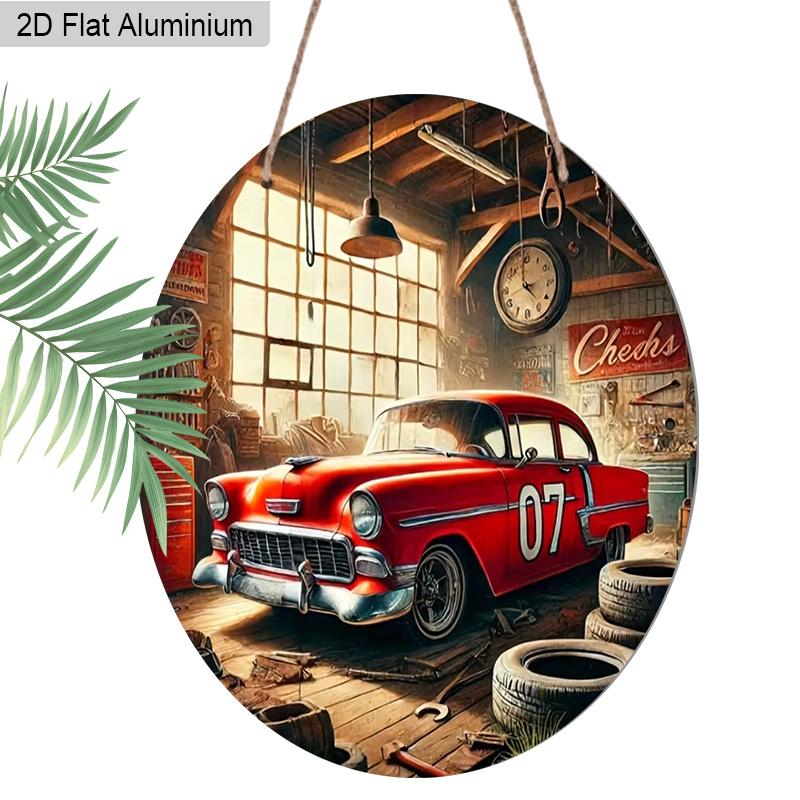 2D Flat Aluminum Vintage Car Garage Round Metal Sign, Classic Red Car with "07" Number Sign for Front Door, Pre-Drilled Holes for Easy Hanging