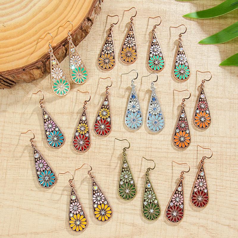 Fashion Ethnic Boho Enamel Flower Long Drop Dangle Earrings For Women Rhinestone Geometric Waterdrop Vintage Wedding Jewelry