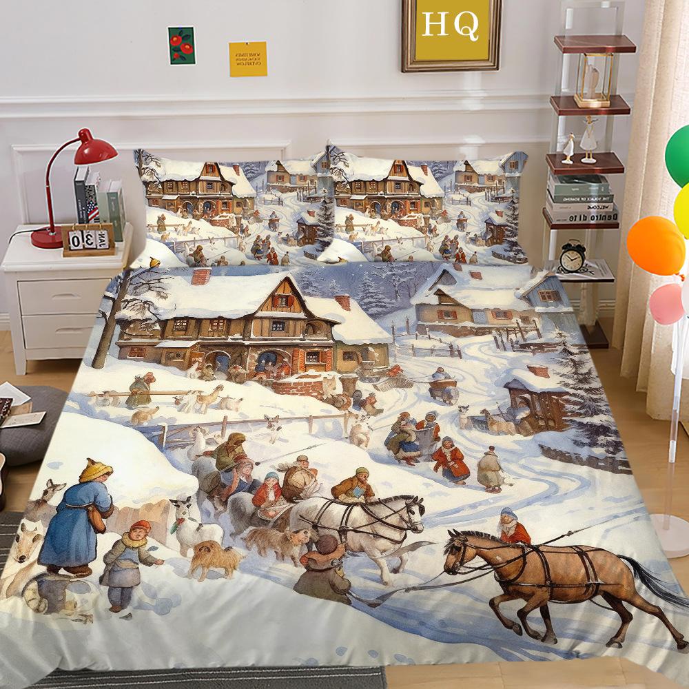 Рождественская карета, снежная сцена, 3D-принт, полиэстеровая наволочка, пододеяльник, набор из двух или трех предметов, можно