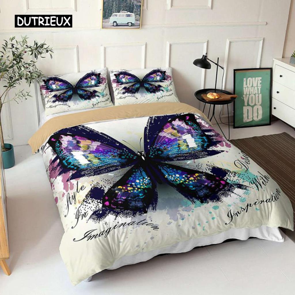 Комплект пододеяльников с бабочками размера Queen, сине-белое одеяло с принтом бабочек для девочек, детей и подростков, микрофибровое одеяло