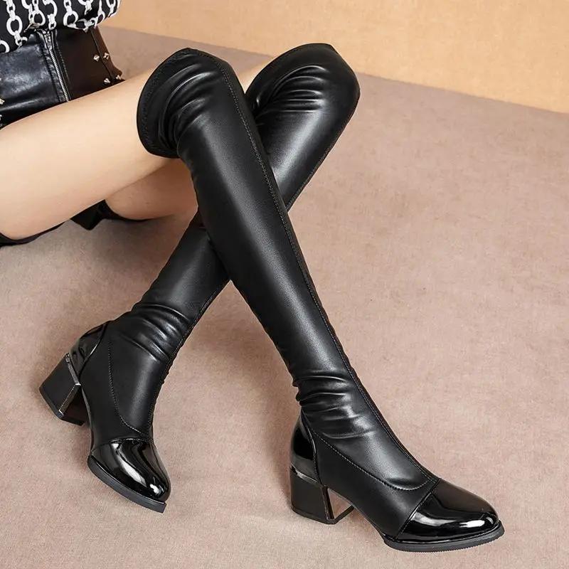 Elastic Ladies Knee High Shaft Shoes Heels Leather Women's Long Boots Elegant Heeled Spring Autumn Y2k 2024 Chic Large Size Warm