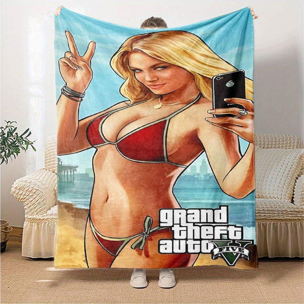 1 шт. Мягкое фланелевое одеяло Grand Theft Auto с дизайнерским принтом. Уютное одеяло для всех сезонов, идеально подходит для дивана, кровати, офиса