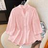 2025 Summer New Stand-up Collar Five-quarter Sleeve Embroidered Cotton and Linen Shirt Women's Fresh Loose and Thin Cardigan Top