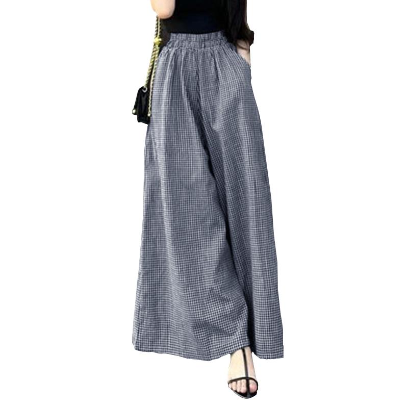 ZANZEA Женские повседневные брюки с эластичной резинкой на талии, свободные, клетчатые, широкие брюки