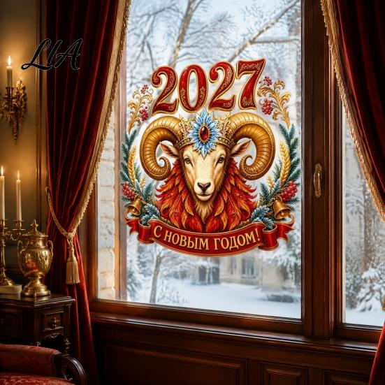 Window Decals 2027 Year Sheep Decal, Russian Happy New Static Sticker, Zodiac Reusable Surface Protectors Goat Glass Door Decor, PVC Holiday Decor for