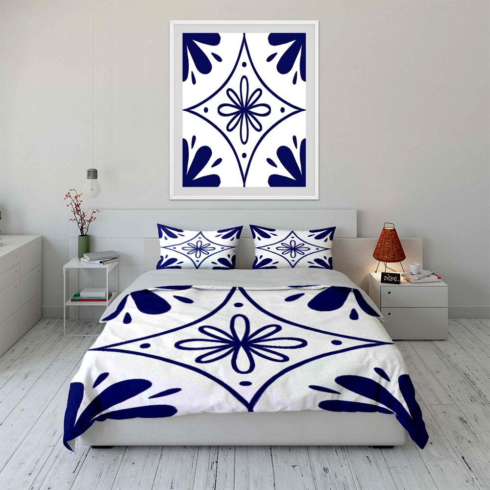 Symmetrical Blue and White Floral Pattern Print Bedding Set 1 Duvet Cover 2 Pillowcases for Adult and Children Luxury Gift