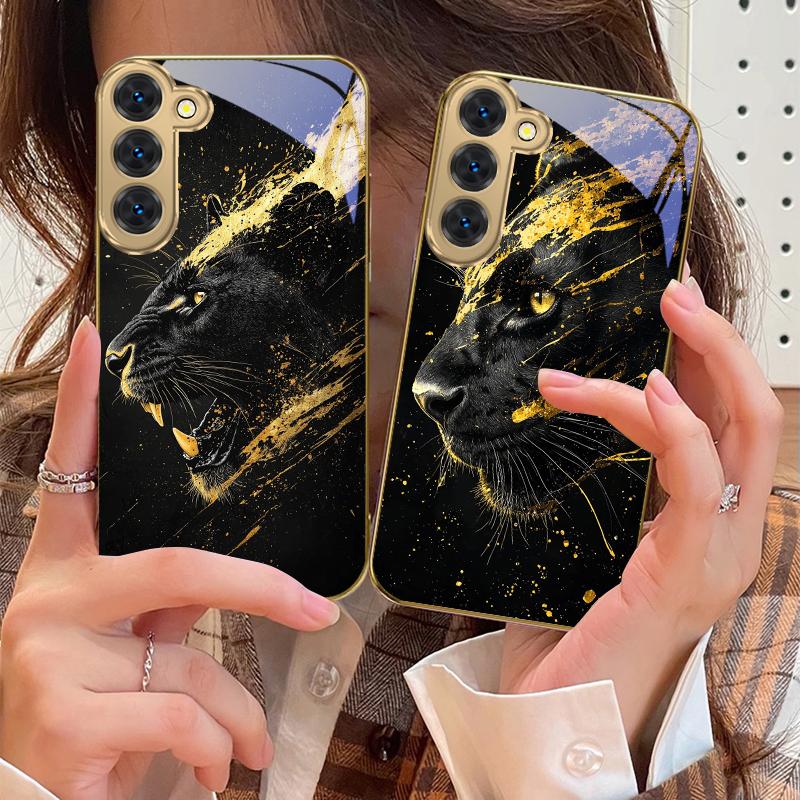 Черная Пантера рычит для Samsung Galaxy S26 S20 FE S21 S22 S23Plus S24 Ultra 25Ultra S21+ S9 S22 S8 S23 Золотой стеклянный чехол для телефона