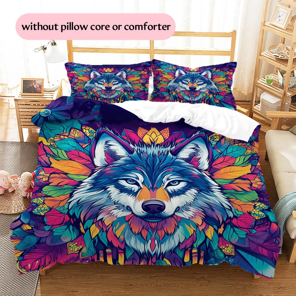 Colorful wolf Pattern Bedding Quilt Set Quilt Cover Pillowcase Home Decoration Gift (1 * duvet cover + 2 * pillowcase, without core)