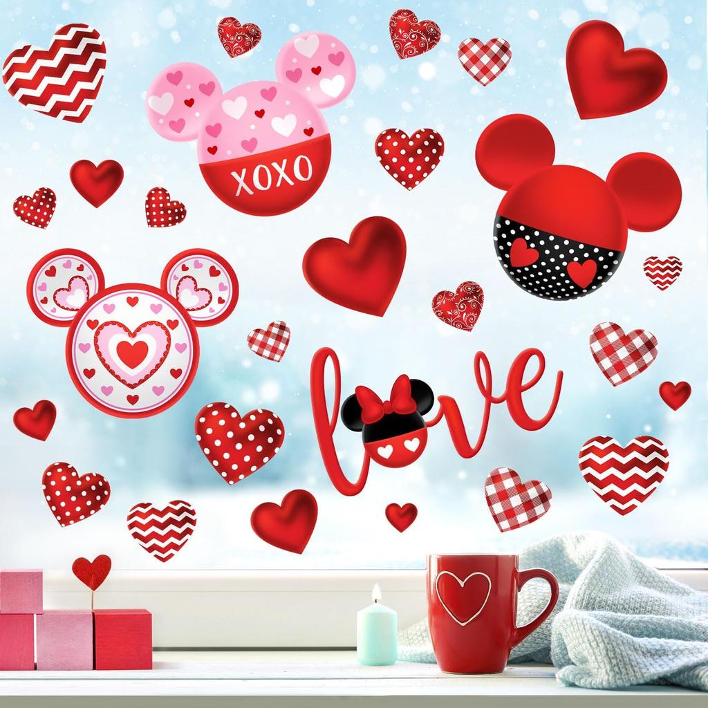 Red and Pink Valentine's Day Mouse Sticker Decals, 77pcs Reble Waterproof PVC Window Decorations for Home Party Supplies