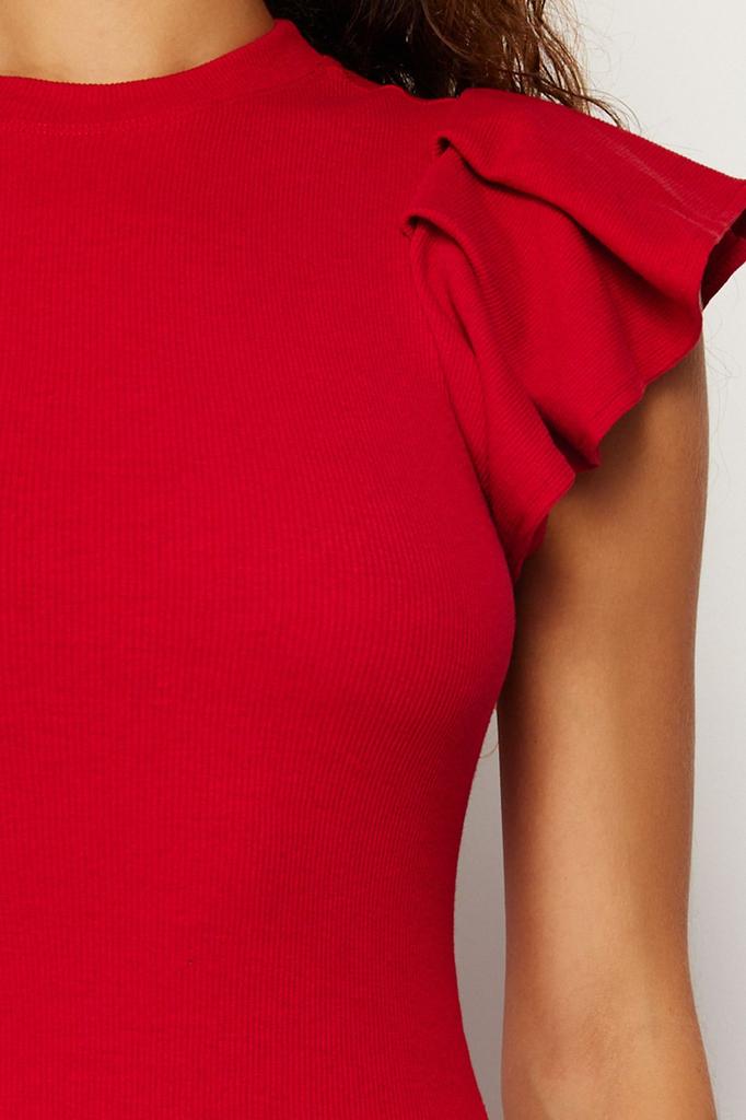 Women's Style Dress Green Ribbed Sleeves Flounce Midi Knitted Dress