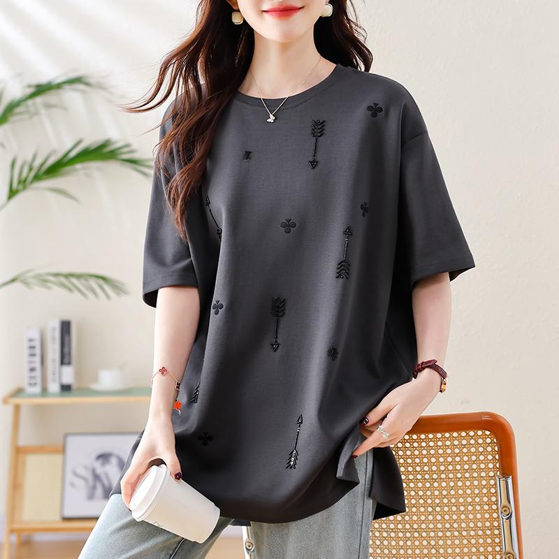 Dimanaf 2025 Новые летние футболки больших размеров для женщин с узором O-образным вырезом и коротким рукавом, свободные хлопковые топы, футболки