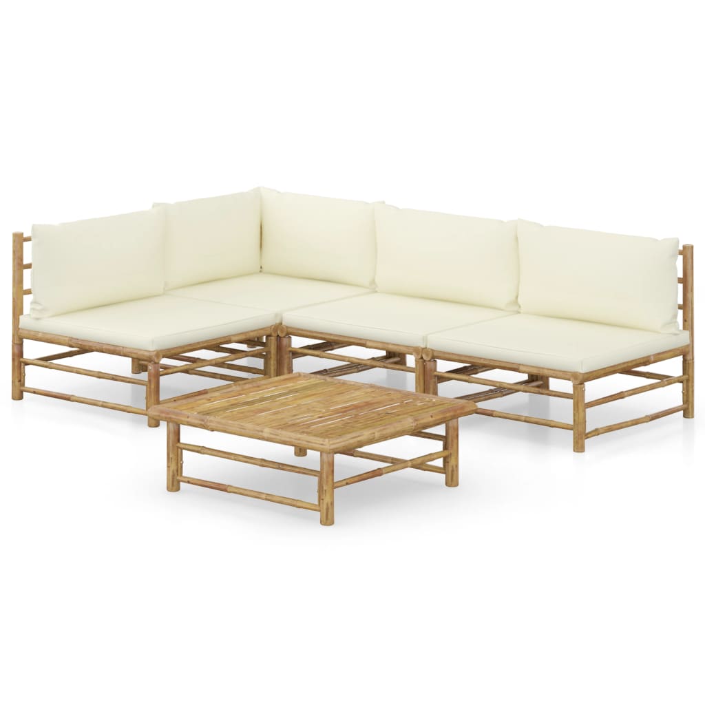 5 Piece Garden Lounge Set with Cream Colored Cushions Bamboo