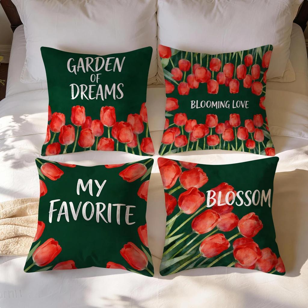 4Pcs Emerald Green Red Tulip Print Single-Sided Cushion Cover For Living Room Bedroom Car Home Decor