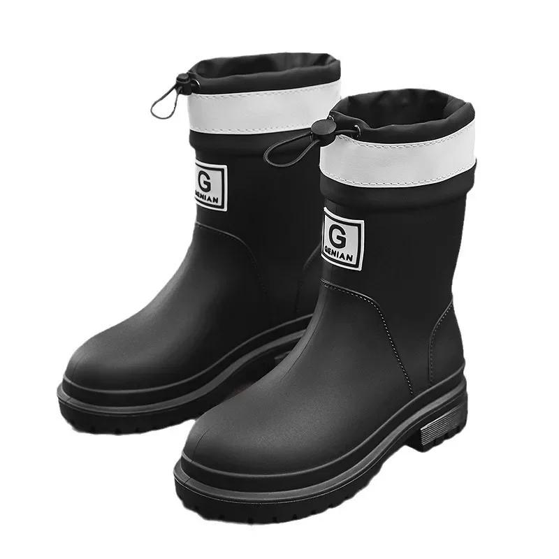 Мода 2024 года, новые ветрозащитные резиновые сапоги для женщин, кожаные резиновые сапоги до середины голени, модные резиновые резинки для женщин, хлопковые водонепроницаемые рабочие ботинки