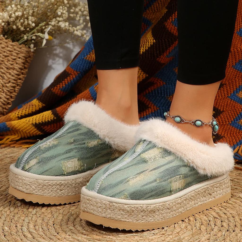 Модные женские меховые тапочки Теплые ботинки Платформа Шлепанцы Балетки Домашняя хлопковая обувь Замшевые мюли Женские ботинки Слайды Женская зимняя обувь