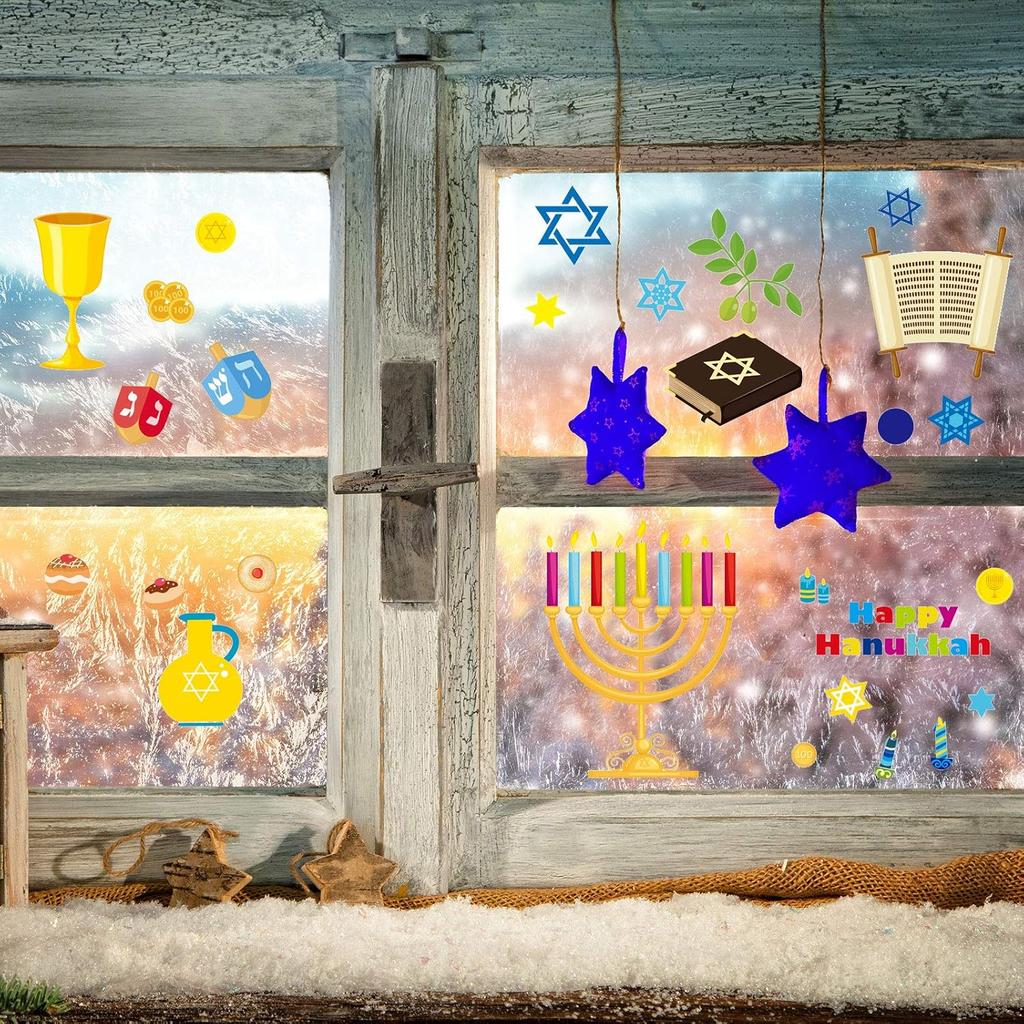 Outus 84 Pcs Hanukkah Window Clings Menorah and Star of Window Decals Je Chanukah Decorations Vinyl Cling Decor for Window Sliding Glass Doors