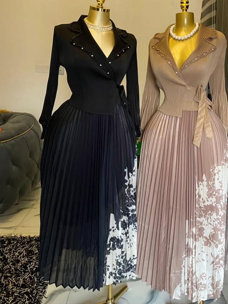 Новое плиссированное платье А-силуэта, элегантный костюмный воротник, средняя длина, утягивающая талия, стройнящая женская юбка со складками