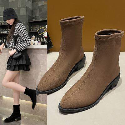 Осенние и зимние модные сапоги в стиле ретро. Замшевые сапоги на резинке с острым носком.