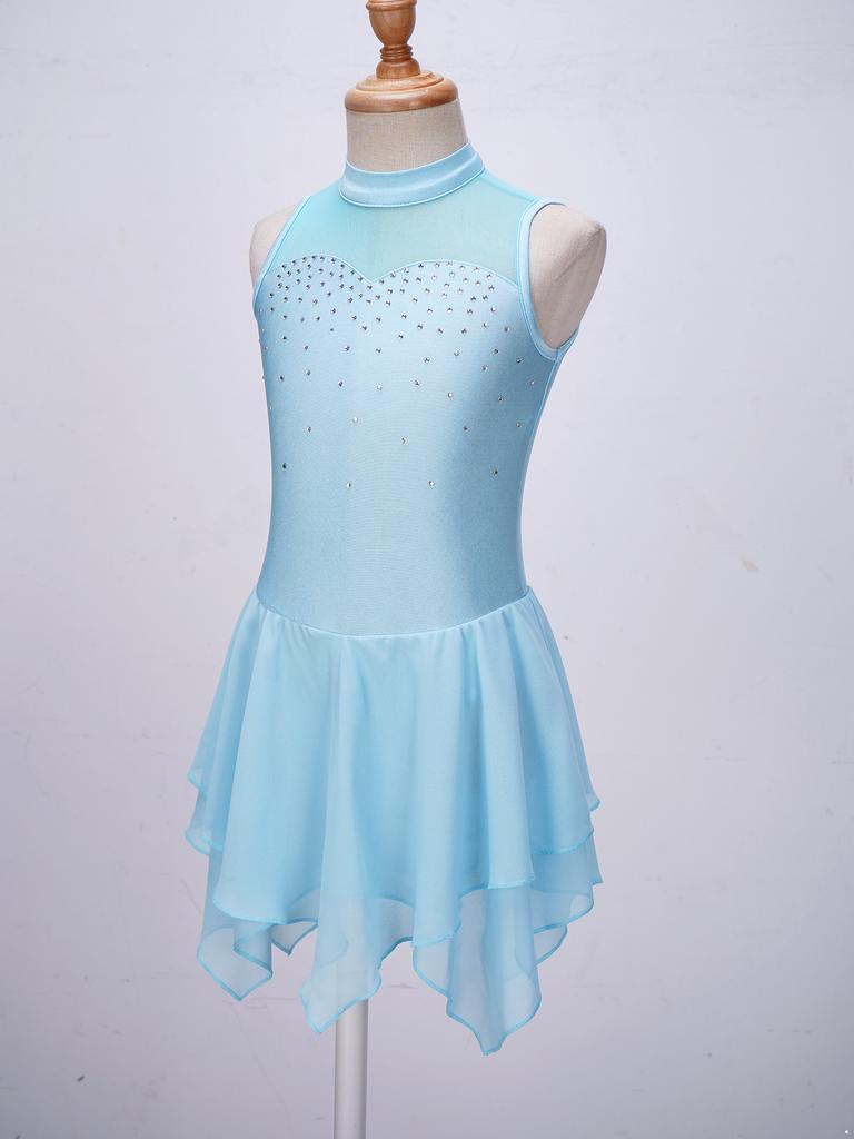 Платье для танцев для девочек, без рукавов, с блестящими стразами, спандекс, сетка, дизайн с вырезом на спине, наряд для выступлений