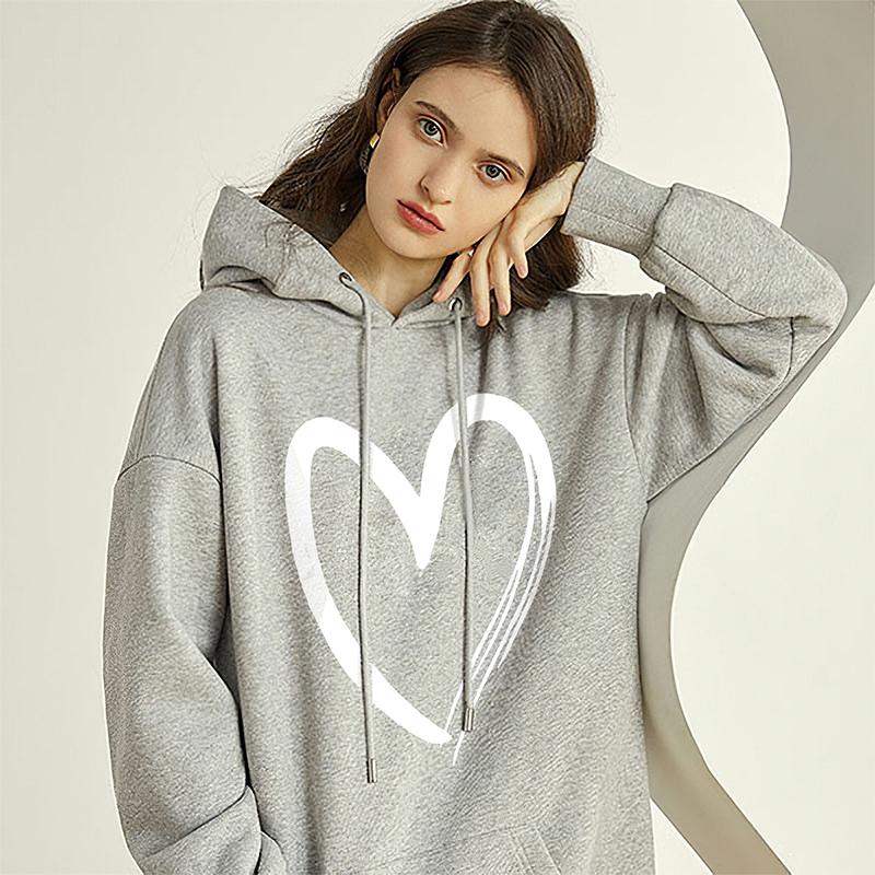 Sweatshirt Women's Heart-print Plush Top For Loose Casual Sports Hooded Pullover