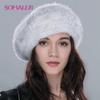 Winter Beret Mink Fur Knitted Berets for Women French Classic Hats with Rhinestone