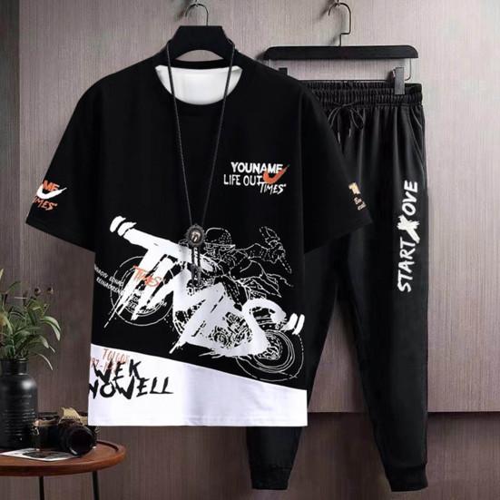 2Pcs/Set Men Letter Print O-neck Short Sleeve T-shirt Elastic Waist Drawstring Sweatpants Set Sport
