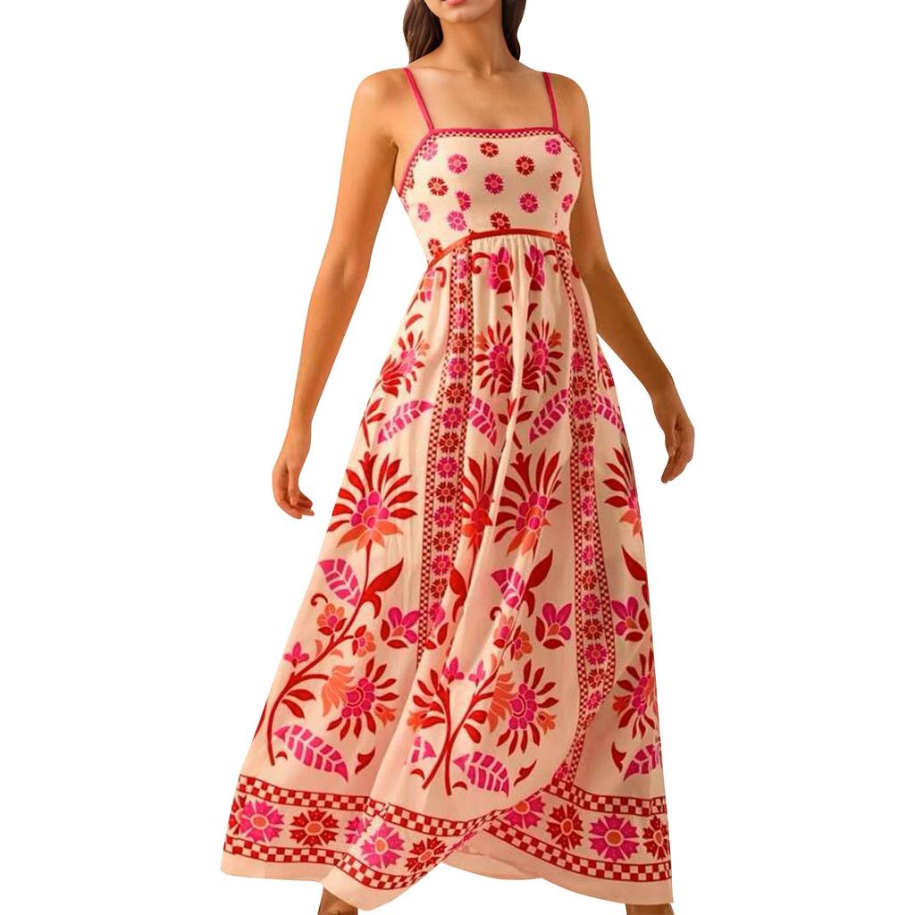 Women's Casual Fashion Vintage Floral Print Suspender Dress Elegant Holiday Dress