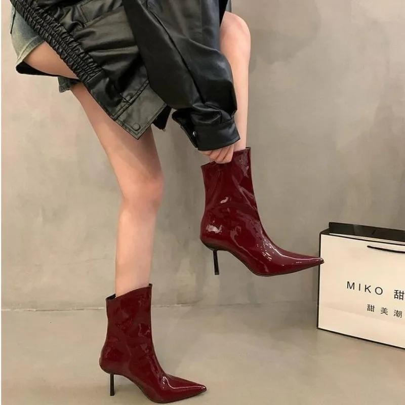 Женские дизайнерские ботильоны на высоком каблуке, сексуальные туфли на шпильках, женские туфли с острым носком, осенний новый тренд, элегантные кожаные туфли-лодочки Botas Mujer