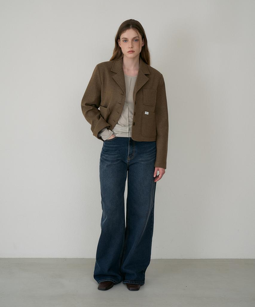 DEHEVE Herringbone Tailored Wool Crop Jacket [Camel]