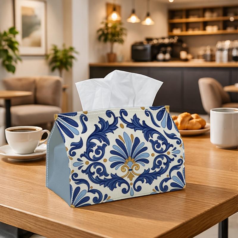 1pc Classic Italian Floral Tissue Holder - A Versatile Napkin Dispenser Crafted from Sturdy Polyester, Featuring a Striking Blue Yellow Symmetrical De