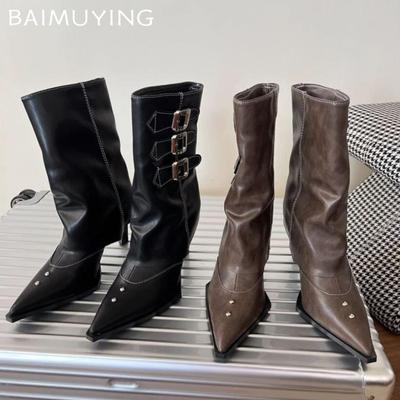 Кожаные женские полусапоги с острым носком, сексуальные туфли на высоком каблуке, тренд 2025, зимняя мода, новые туфли-лодочки с пряжкой, готические ботильоны для женщин