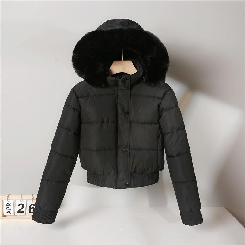 Womens Short Cotton Puffer Coat Faux Fur Hooded Winter Jacket Solid Color Loose Fit