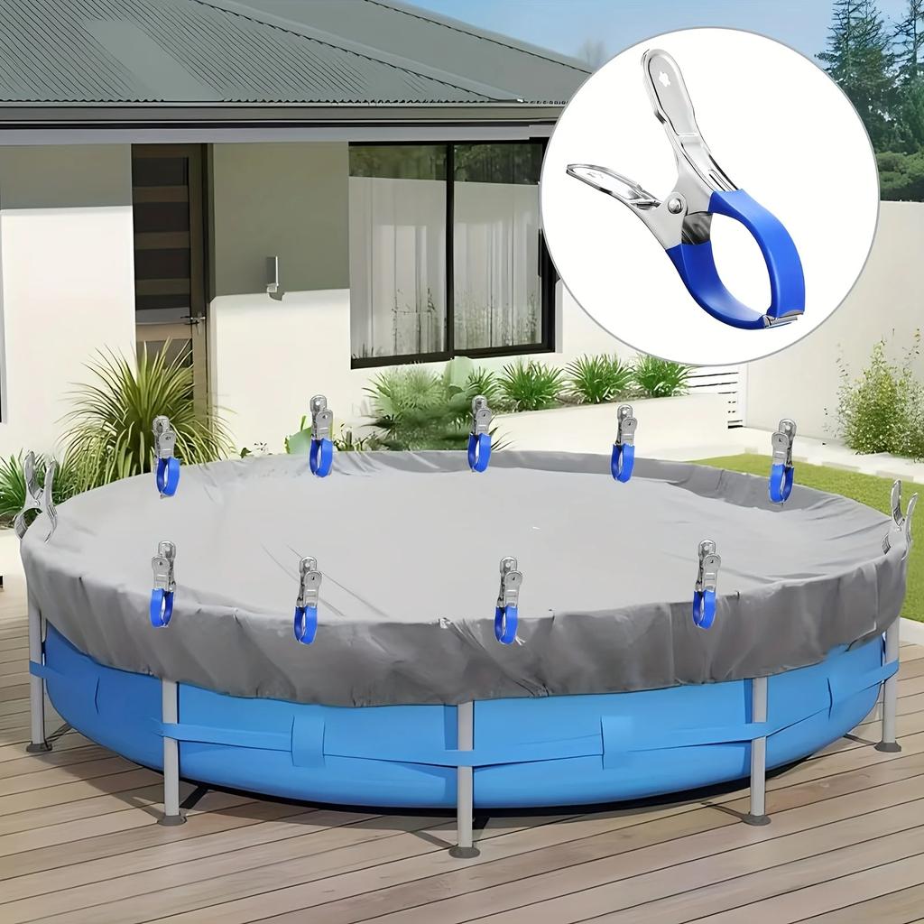 10pcs Durable Stainless Steel Pool Cover Clips with Plastic Handles - Heavy Duty Windproof Spring Clips