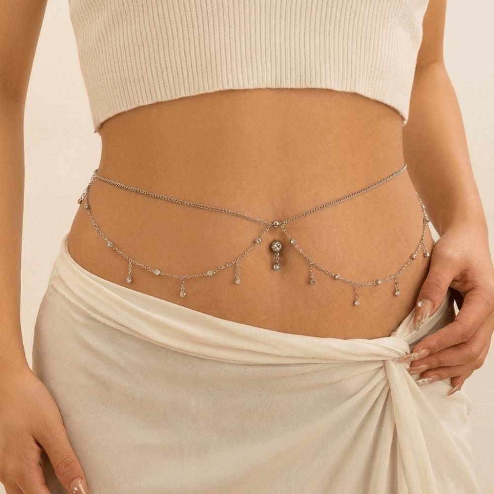 Gift Water Drop Navel Nails Body Chain Zircon Tassel Waist Chain Sparkling Silver Bikini Belly Belt Women