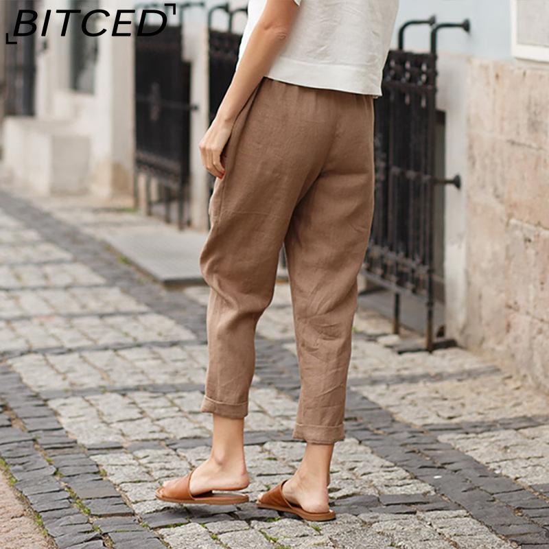 BITCED Women Summer Solid Color Double Pocket Trousers Loose Long Pants Female Cotton Linen Pants