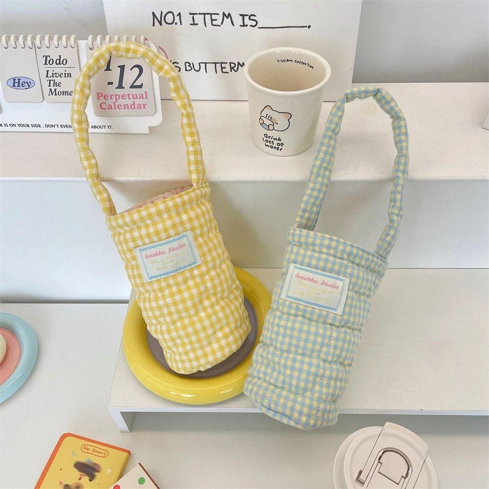 Plaid Design Water Bottle Protective Cover Heart Embroidery Thermos Cup Sleeve For Men And Women