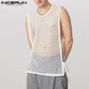 INCERUN Men Sleeveless Side Split Lace-up Hollow Long See Through Tank Tops