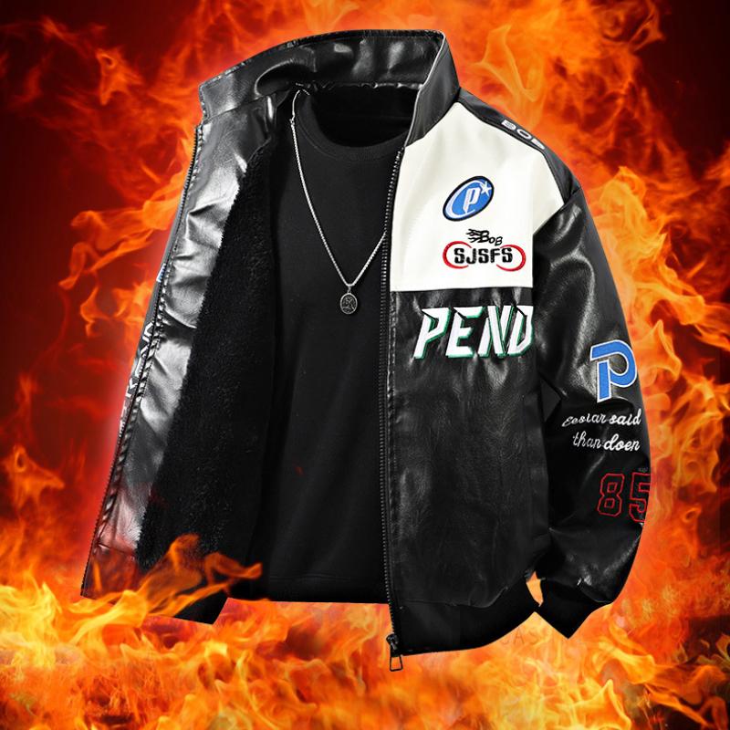 Осень Зима Кожаная Куртка Флис Мотоциклетная PU Кожаные Куртки Вышивка Узор Отложной Воротник Черный Ветровка