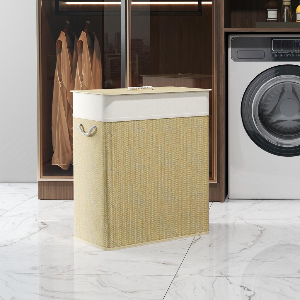 2 Section Laundry Basket with Lid, 100L Bamboo Laundry Hamper with Handles, Removable and Washable Liner, Cream White