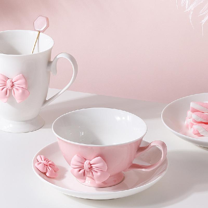 200 мл керамическая чашка для кофе с бантом и блюдцем, набор столовых приборов, милый набор чашек и блюдец в форме сердца для девушки, послеобеденный чай латте, подарок на день рождения