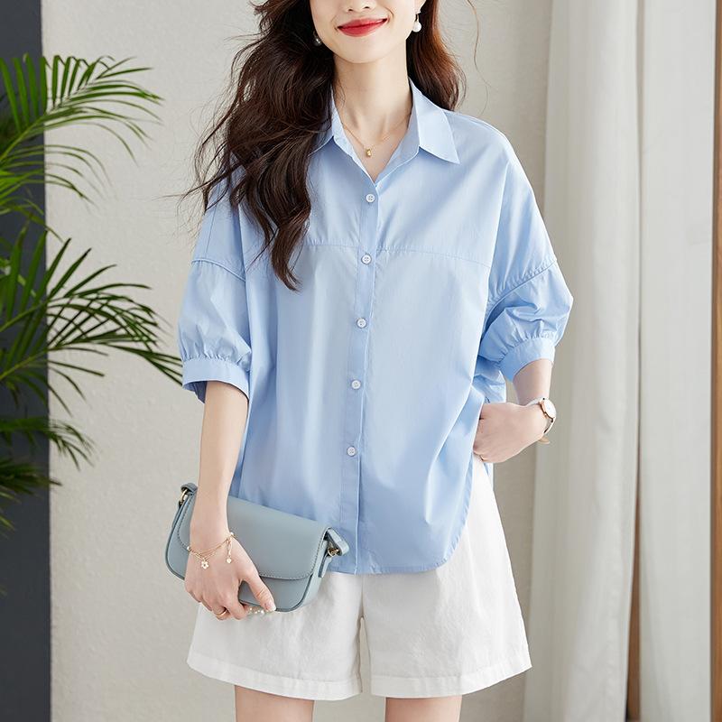 Blue Shirt Women's Middle Sleeves Summer New Loose and Thin Casual Pure Cotton Shirt
