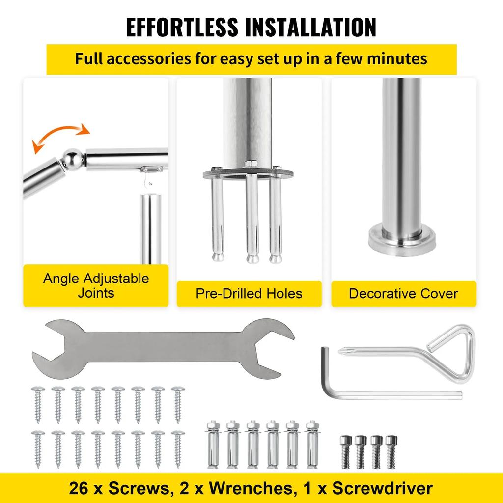 VEVOR 5 Step Railing Stainless Steel Transitional Handrail fit for Level Surface and 1 to 5 Steps Adjustable Stair Railing Indoor Outdoor Step