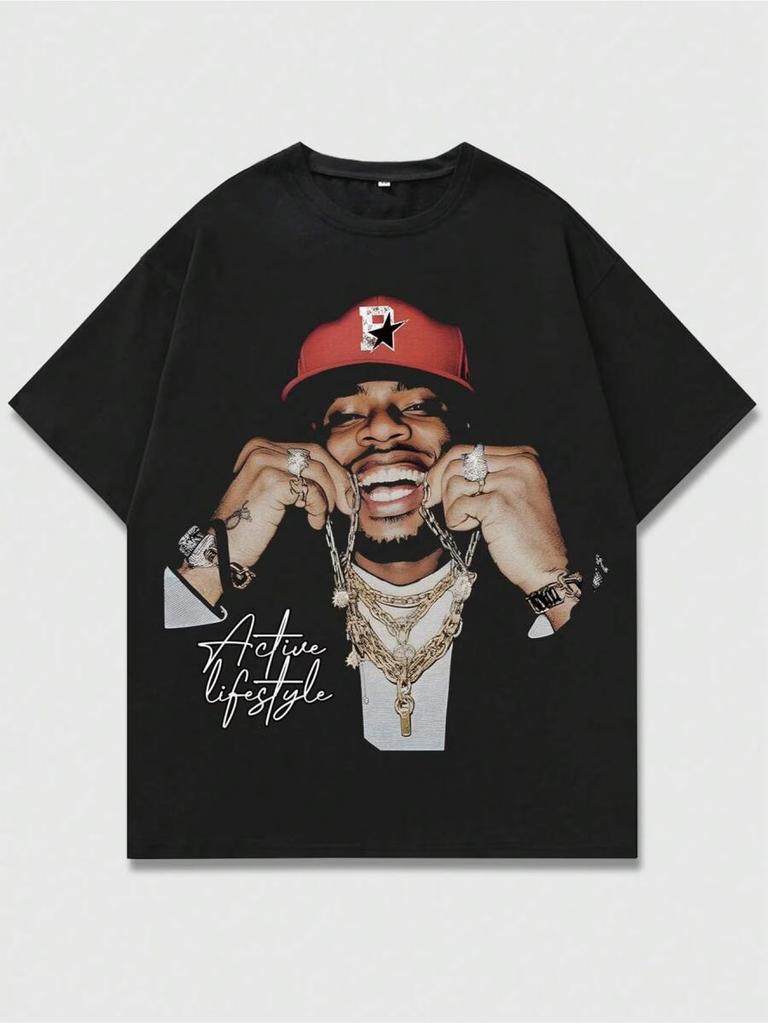 Men's Black Urban Streetwear Graphic T-Shirt with Rap Artist Portrait & Hip-Hop