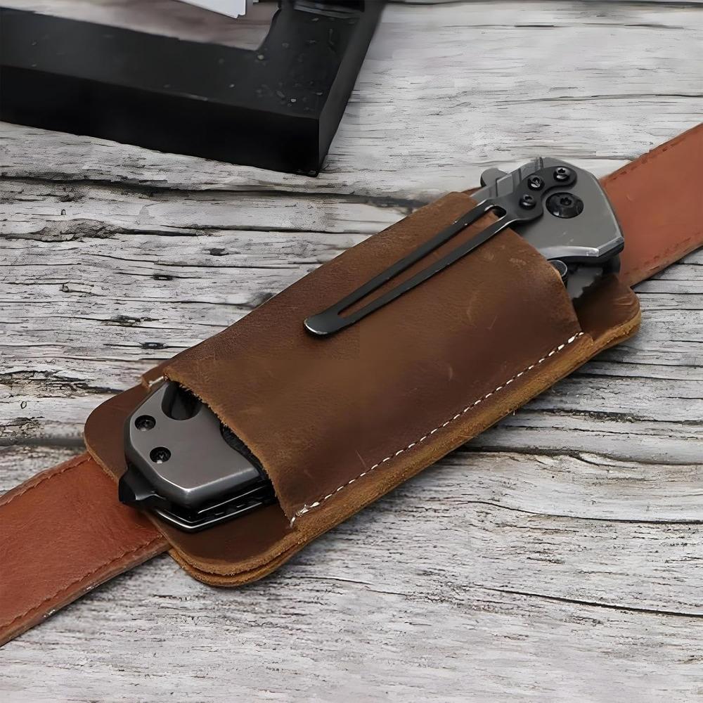 Changmai European Vintage Leather Knife Sheath with Horizontal Belt Clip - Men's Handcrafted Pocket Storage, Leather Folding Knife Sheath