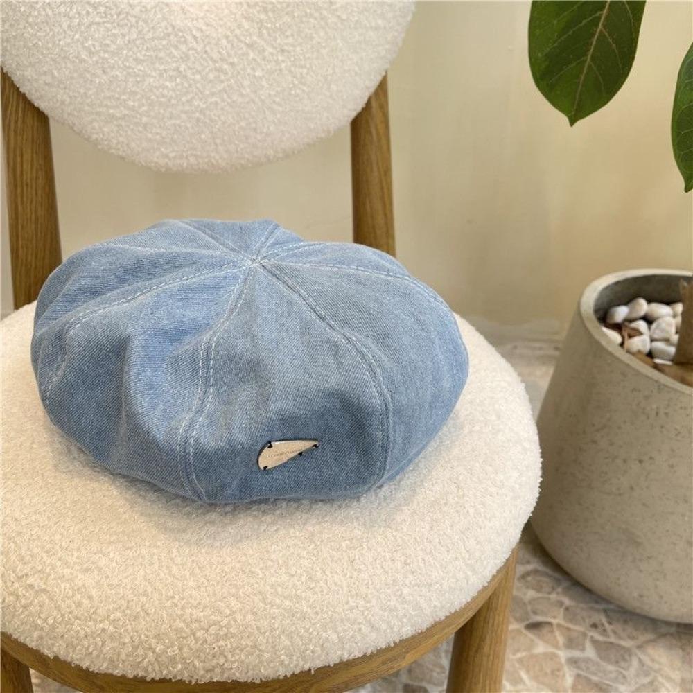 Korean Style Cloud Cowboy Cap Solid Color Denim Octagonal Hat Retro Denim Beret Ladies