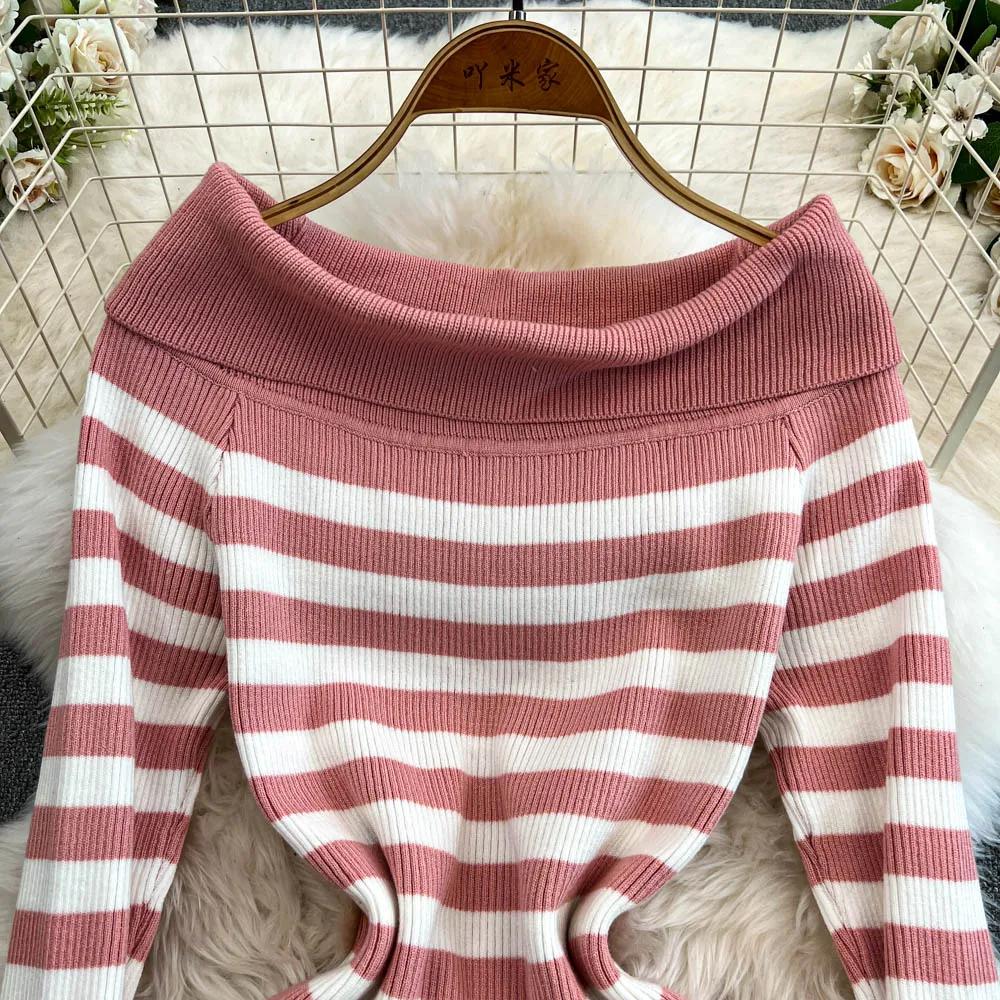 Платье-футляр с открытыми плечами Falda Sexy Mujer Slash Neck Striped Color Block Slim Knitted Bodycon Dress Autumn Wrapped Dresses ChicDresses