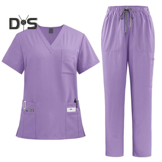 Набор медицинских скрабов, костюм из 2 предметов, функциональные скрабы для медсестер, врачей, топ с v-образным вырезом, брюки для бега, комплект униформы для больничного персонала с 9 карманами